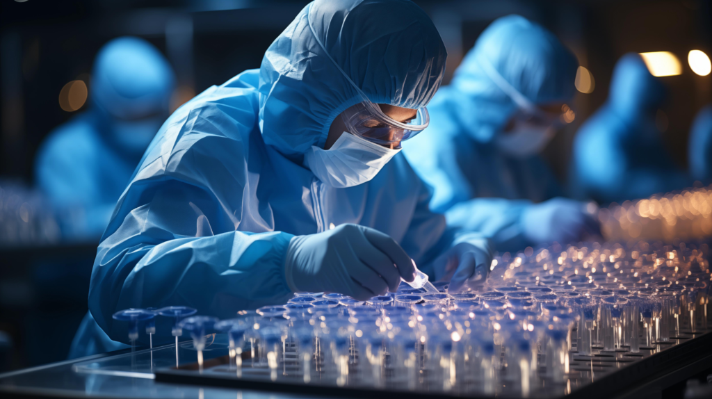group people blue lab coats are working project 1
