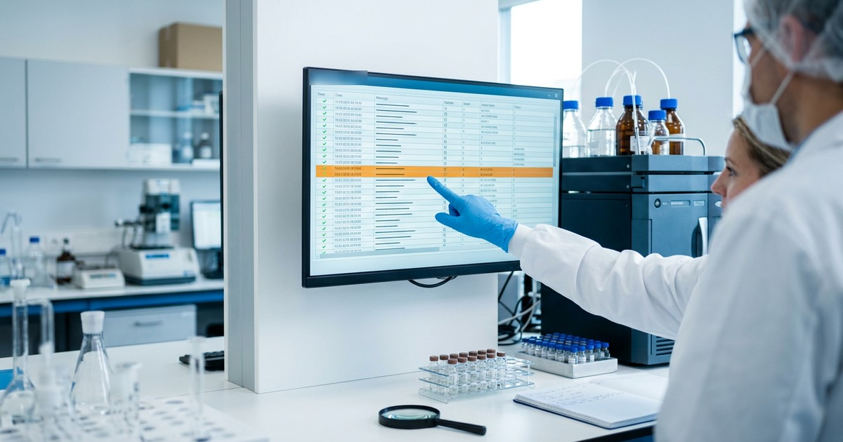 QC reviewer pointing at a flagged entry in a computerized system audit trail during a regulatory audit
